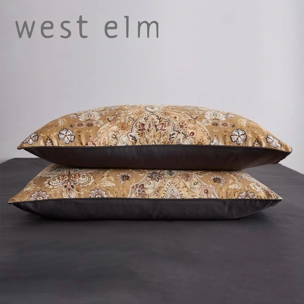 NEW West Elm Beige Floral Damask Paisley Queen / King Bedding Duvet & Sham Set
